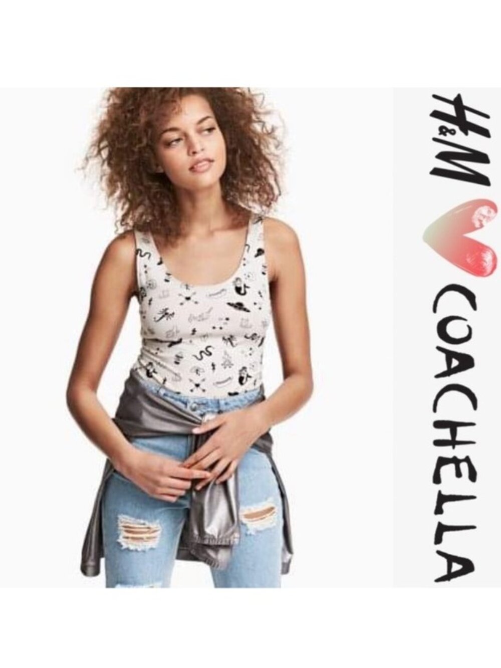 H&M X Coachella | Gray Icon Printed Jersey Bodysuit | Size Small
